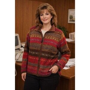 VTG TIARA INTERNATIONAL Cotton Fair Isle Full Zip Sweater Women's L Brown Red